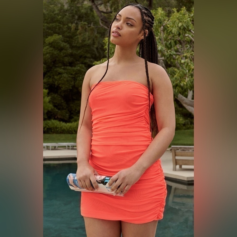NWT By Anthropologie Strapless Ruched Mini Dress in Coral, 1X